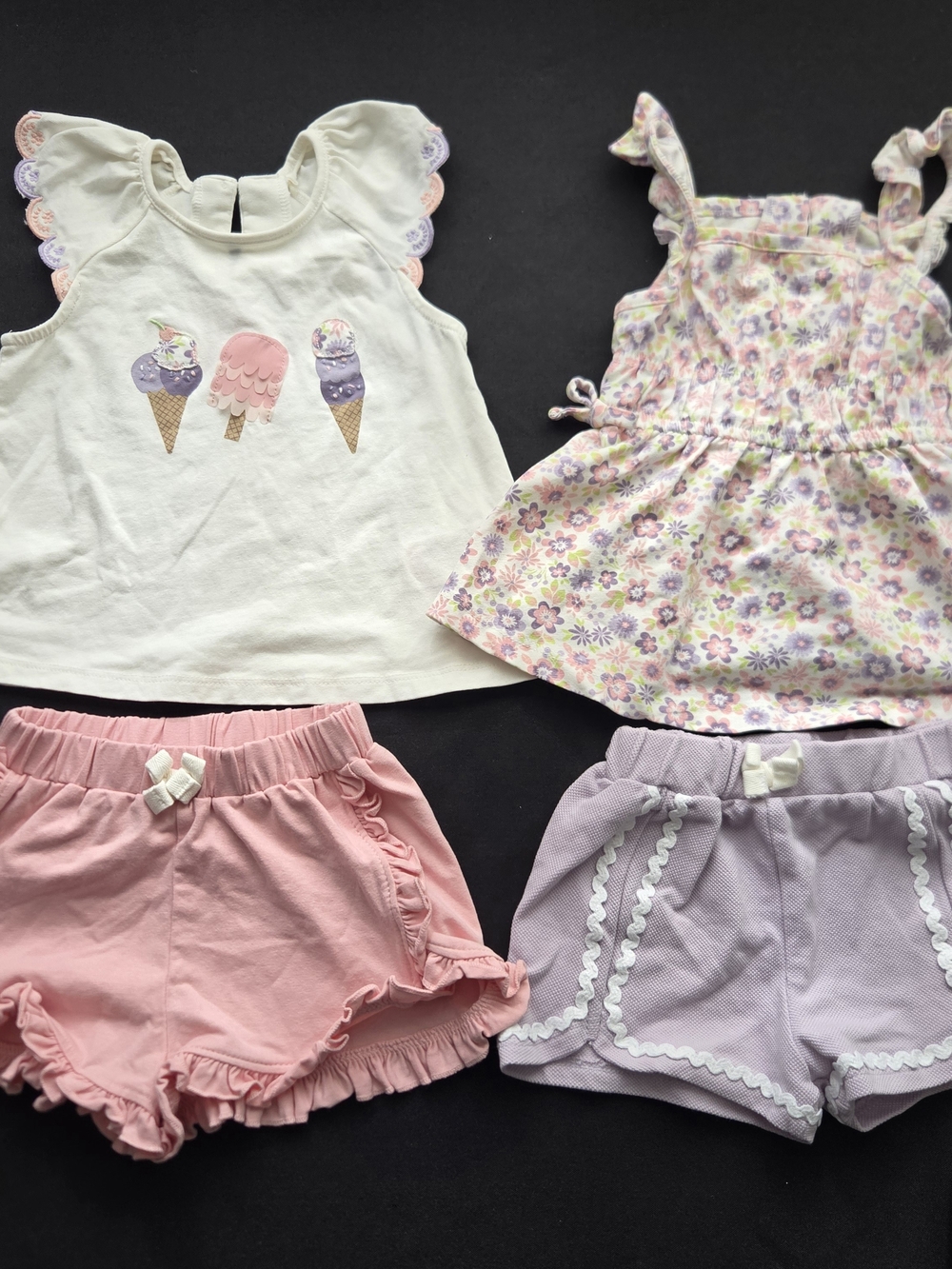 Girls Ice Cream Tee & Pastel Shorts Set in White, Pink, Lavender Set Of Two
